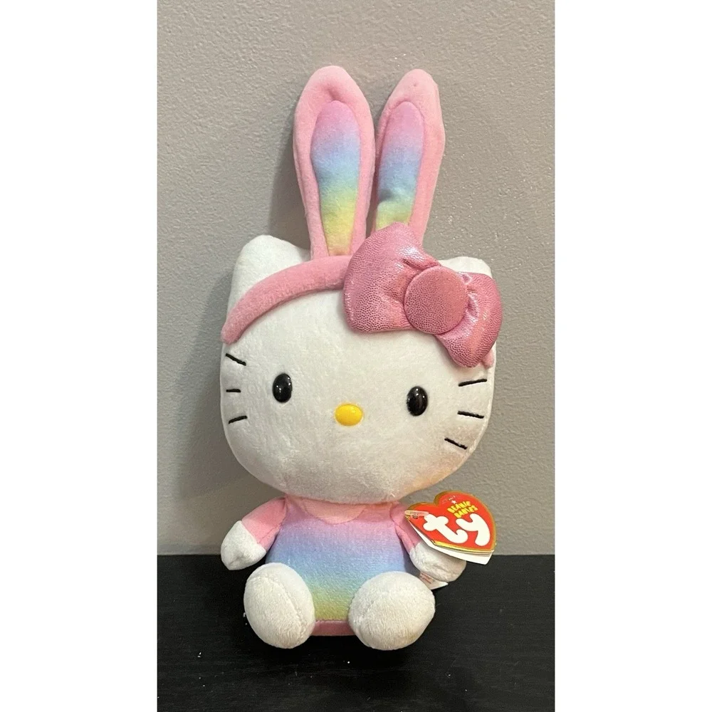 TY Sanrio Hello Kitty Beanie Baby Rainbow Bunny Ears Plush Stuffed Animal w/ Tag